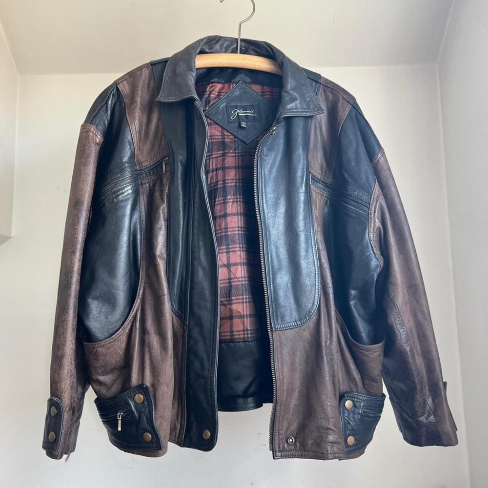 Vintage Leather Jacket Brown Black Two Tone Unique Oversized Bomber 90s Baggy - Picture 7 of 9